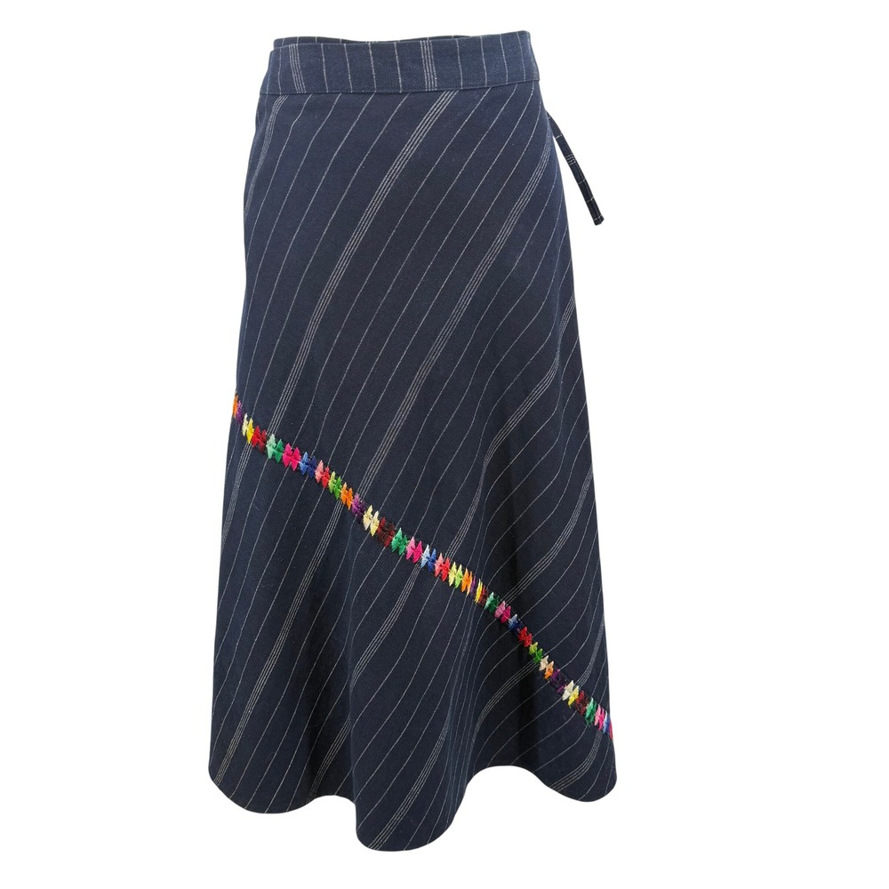 Unbranded Wrap Skirt Womens XL Navy Blue Embroidered Pinstripe Midi